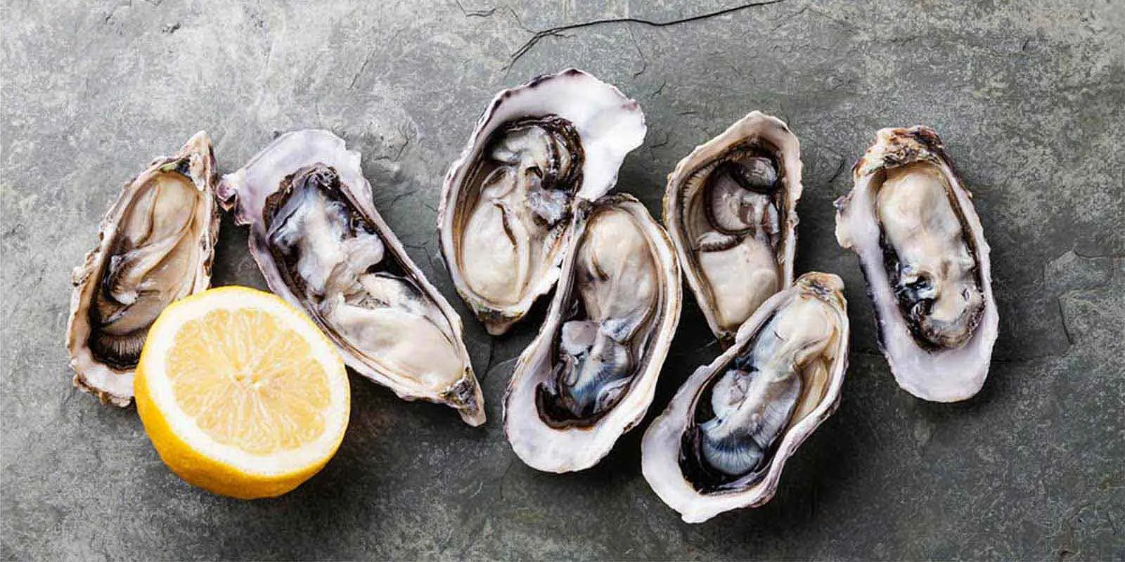 Seven opened oysters and one lemon arranged on a gray slate. 