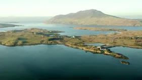 Aerial view of Ballinakill Bay, Connemara and its rugged surrounding landscape.