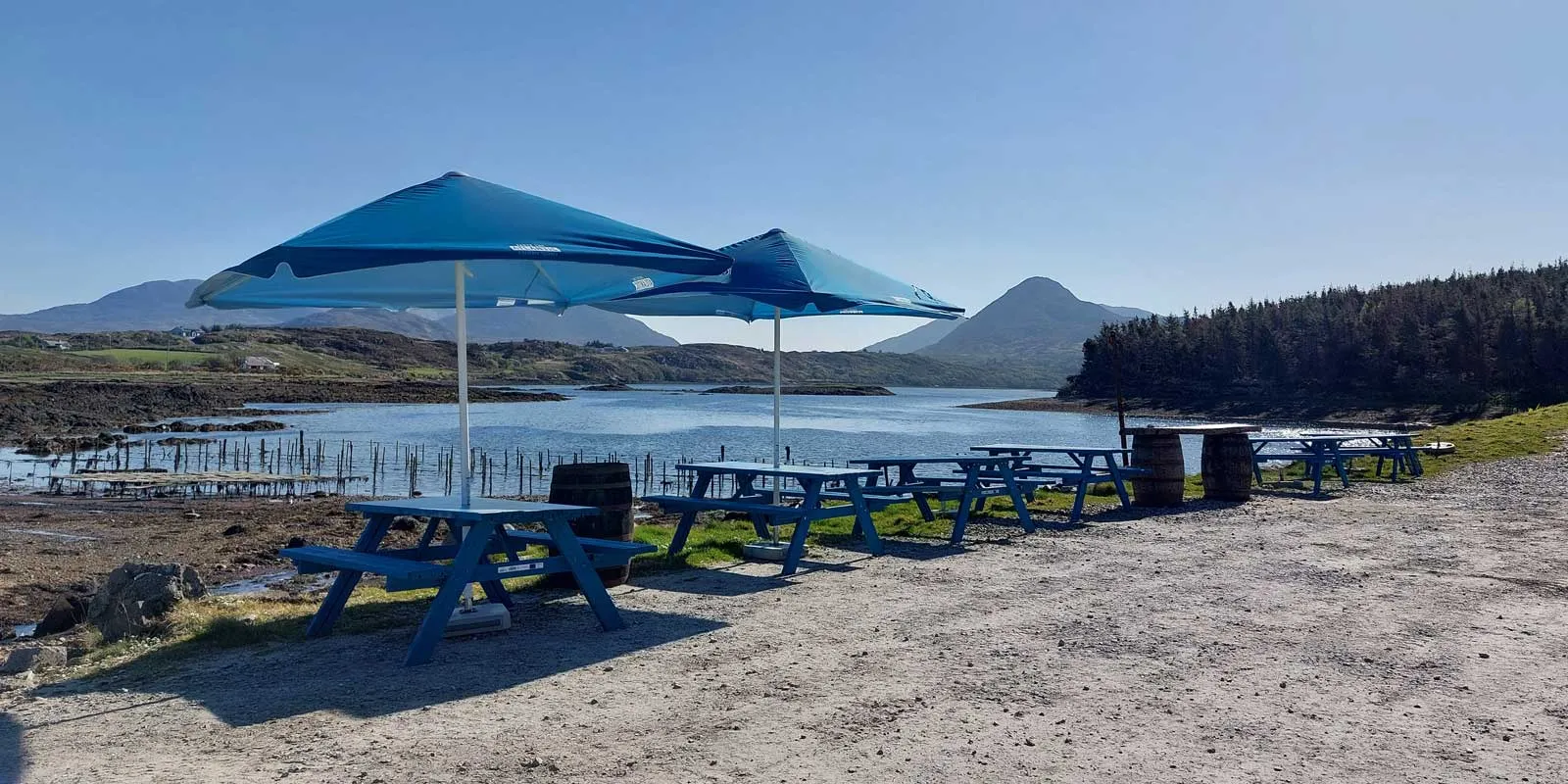 View across Ballinakill Bay, Connemara with parasols and picnic benches.
